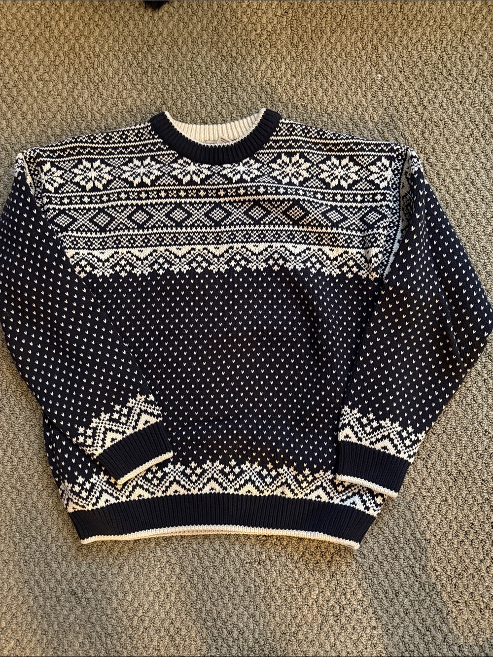 L.L. Bean Navy and White Fair Isle Crewneck Sweater
